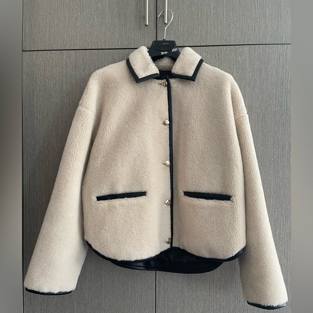 Anine Bing Cream Teddy sherpa Jacket with Black faux leather  Accents